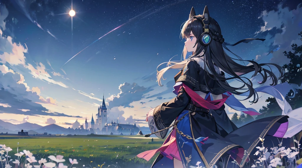 Midnight steppe、Headphones are placed、Beyond the grassland are the castle walls、darkness、harpsichord