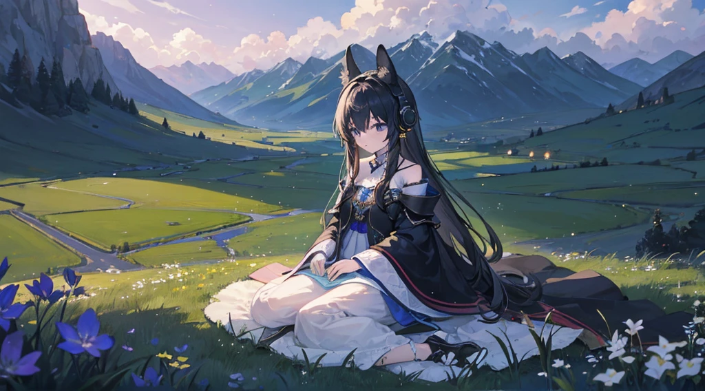 Midnight steppe、Headphones are placed、Beyond the grassland are the castle walls、darkness、harpsichord