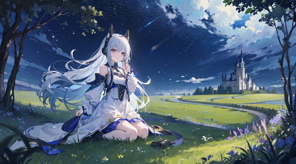 Midnight steppe、Headphones are placed、Beyond the grassland are the castle walls、darkness、harpsichord