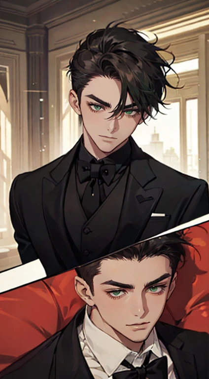 ((a young man in a black suit and tie)), taken in the early 2020s, gotham, alejandro, he looks very sophisticated, (((left side swept black short hair))), (dark green eyes and thick eyebrows), smirk. ((20 years old)), ((Black suite and black tie)), masterpiece, posture dynamic, one person, ((brown skin))