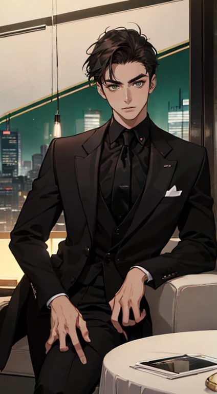 ((a young man in a black suit and tie)), taken in the early 2020s, gotham, alejandro, he looks very sophisticated, (((left side swept black short hair))), (dark green eyes and thick eyebrows), smirk. ((20 years old)), ((Black suite and black tie)), masterpiece, posture dynamic, one person, ((brown skin))