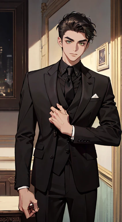 ((a young man in a black suit and tie)), taken in the early 2020s, gotham, alejandro, he looks very sophisticated, (((left side swept black short hair))), (dark green eyes and thick eyebrows), smirk. ((20 years old)), ((Black suite and black tie)), masterpiece, posture dynamic, one person, ((brown skin))