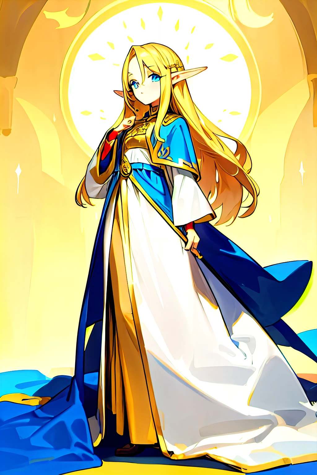 Elf, short stature, Golden Long Hair, Blue eyes, ceremonial medieval dress