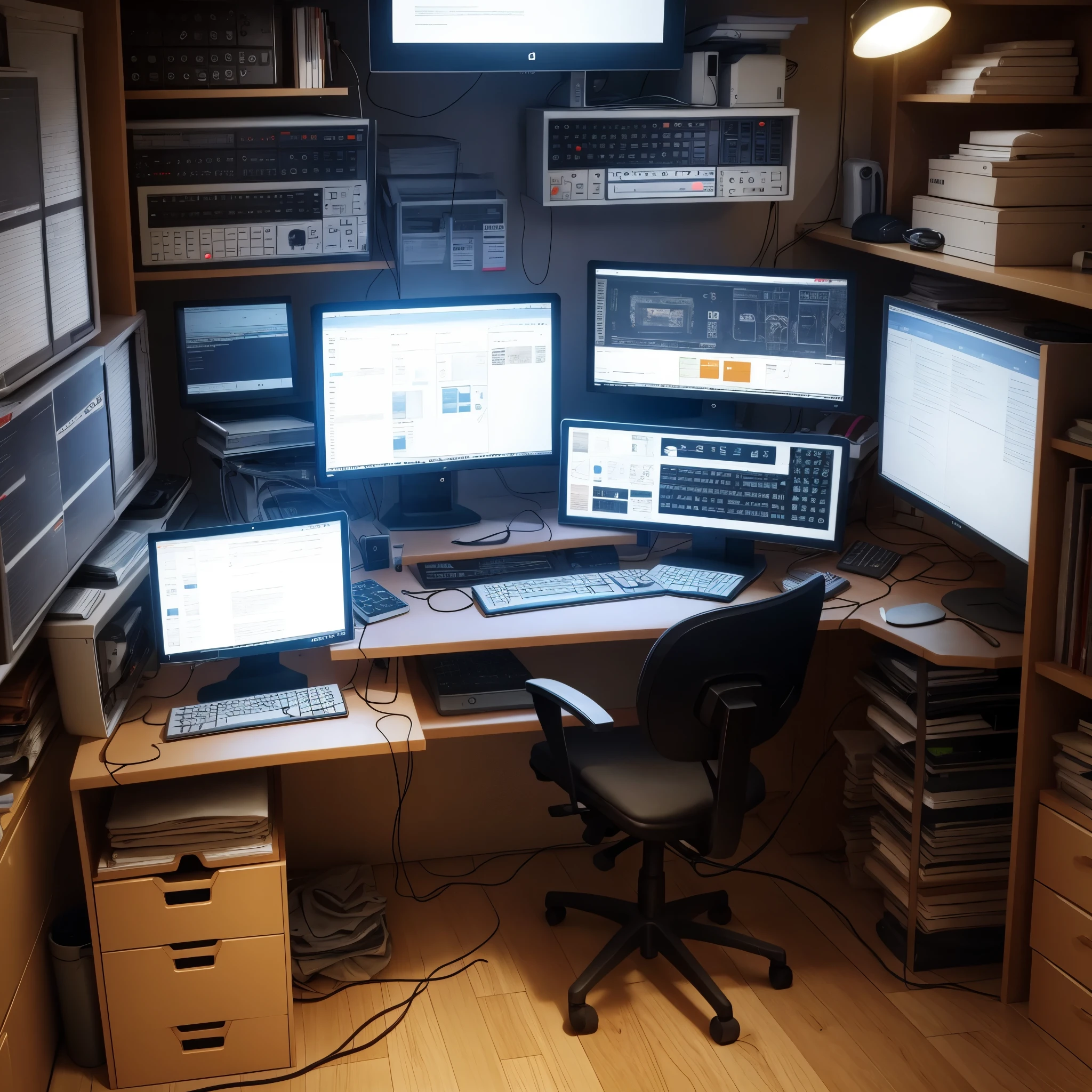 Is a Compute site and some screens, orange leds, circuits and networking, no people,