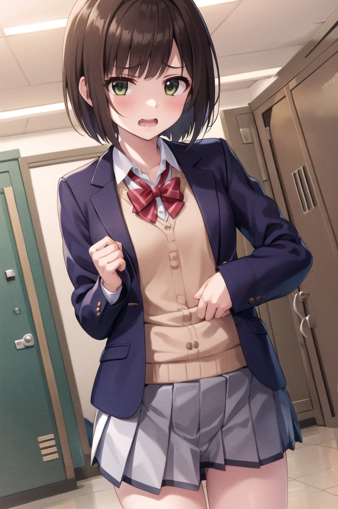 masterpiece, Highest quality, High resolution, MyMiku, short hair, teeth, , Red Bow, Collared shirt, Blue jacket, blazer, Long sleeve, Pleated skirt, Grey Skirt, Black knee socks, Cowboy Shot, anger,Disgust, Are standing, locker room,Shirt open,Skirt flip,Panties in full view