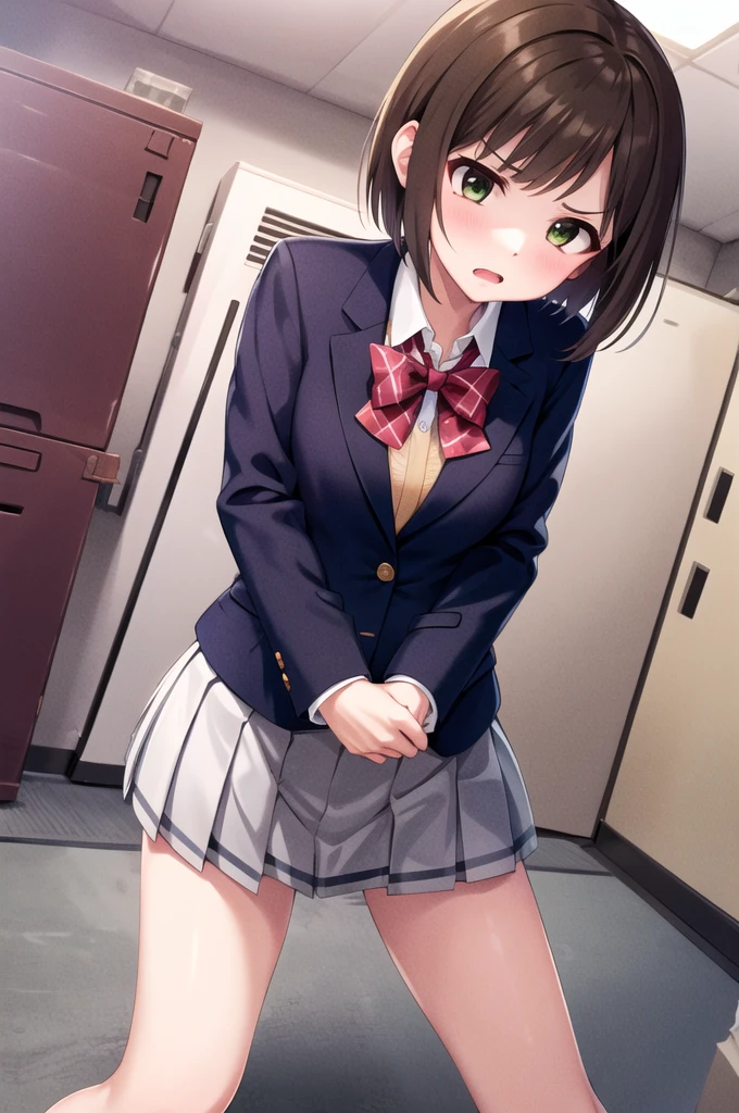 masterpiece, Highest quality, High resolution, MyMiku, short hair, teeth, , Red Bow, Collared shirt, Blue jacket, blazer, Long sleeve, Pleated skirt, Grey Skirt, Black knee socks, Cowboy Shot, anger,Disgust, Are standing, locker room,Shirt open,Skirt flip,Panties in full view