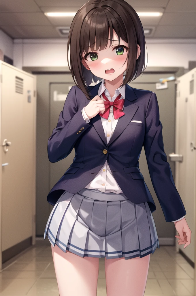 masterpiece, Highest quality, High resolution, MyMiku, short hair, teeth, , Red Bow, Collared shirt, Blue jacket, blazer, Long sleeve, Pleated skirt, Grey Skirt, Black knee socks, Cowboy Shot, anger,Disgust, Are standing, locker room,Shirt open,Skirt flip,Panties in full view