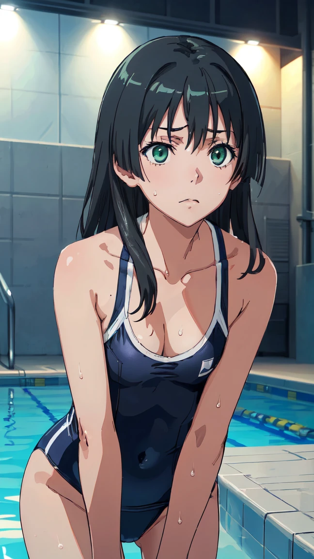 (High resolution:1.4), (masutepiece:1.2), (High quality:1.3) 1girl, saten ruiko, green eyes, long hair, black hair, small breast, swimsuit, cleavage, leaning forward, looking away, cowboy shot, poolside, sweat, oya, cinematic lighting,