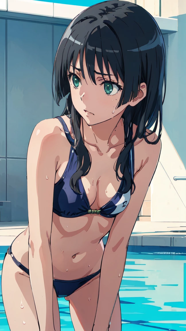 (High resolution:1.4), (masutepiece:1.2), (High quality:1.3) 1girl, saten ruiko, green eyes, long hair, black hair, small breast, swimsuit, cleavage, leaning forward, looking away, cowboy shot, poolside, sweat, oya, cinematic lighting,