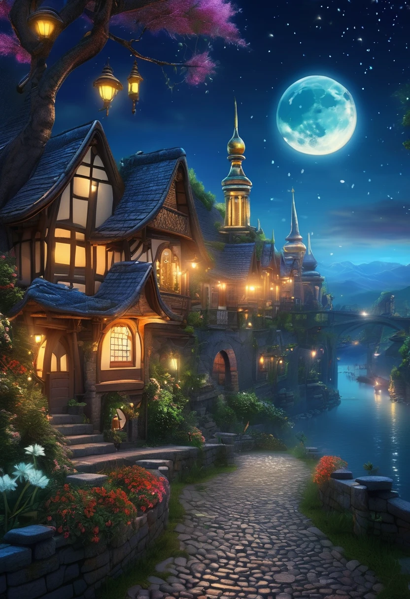 (Highest quality,4K,8K,High resolution,masterpiece:1.2),Super detailed,(Realistic,photoRealistic,photo-Realistic:1.37),Beautiful and fascinating fantasy surrealism,Beautiful and magical fantasy village moonlit night,Moon goddess abstract atmosphere,Village scenery,Mobile phone wallpaper,Magical fantasy world,Enchanting fairytale village,Fantastic moonlit night,Mysterious and dreamy,A serene and otherworldly atmosphere,The soft moonlight illuminates the scene.,Twinkling stars scattered across the sky々,expensive, A thin tree with shiny leaves々,Warm light coming from the window,Whimsical and colorful buildings,Ornate towers and domes,Old stone bridge across a sparkling river,Beautiful cobbled streets around the village,Fascinating flowers in vibrant colours,Floating lanterns create a magical atmosphere,Sparkling fireflies dancing in the air,Lush,A peaceful atmosphere surrounds the scene,The moon goddess who emits a gentle light,A veil of mystery and magic,Fantastic music fills the air,peaceful and calming atmosphere,Dreamy and surreal landscape,Quiet and peaceful environment，Warm and cozy feel,Pleasant and comfortable，Dreamy atmosphere,A mysterious aura in the air,An elegant and magical scene,evoke a sense of wonder and awe,超Realisticなワンダーランドに変身,The perfect balance of fantasy and reality,Where dreams come true,A glimpse into a magical world,Mobile phone wallpaper that transports you to another world.