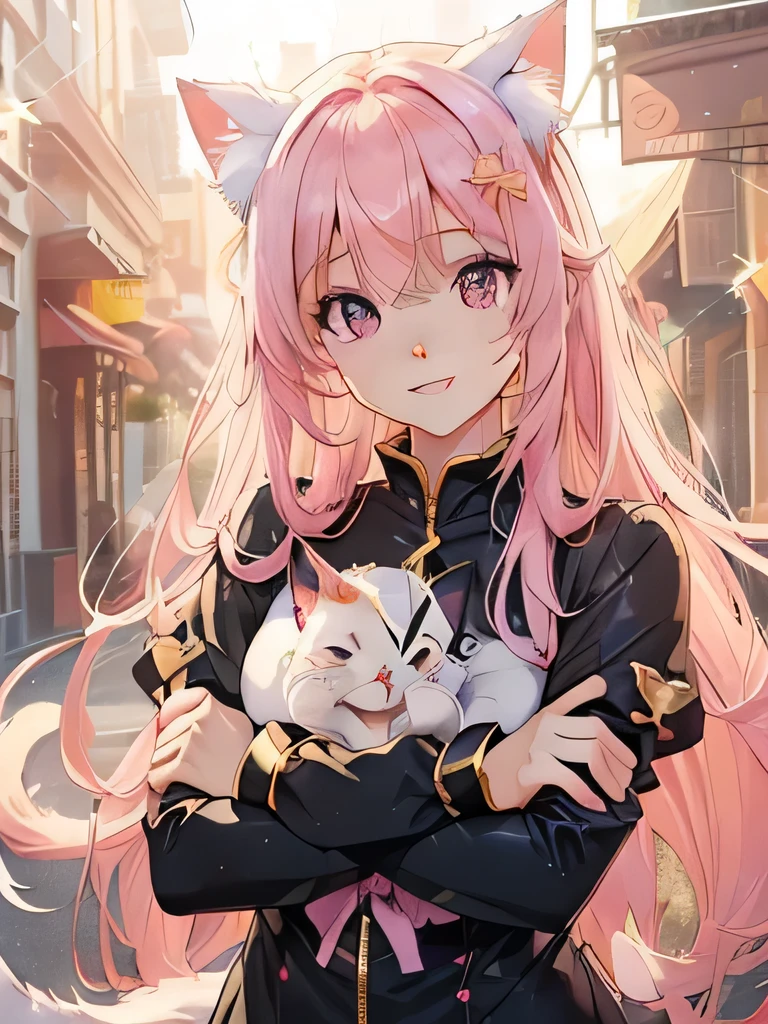 High resolution, 8K, Anime Women、Detailed digital illustration、Very long and shiny hair、bangs、Very beautiful woman、Double Eyes, big, Bust is D cup、high resolution, high quality、Detailed Background、(((idolの衣装を着て)))、((Illuminated Background))、(The inside of your eyes shine like diamonds、Light pink hair、Gradient pupil、(((Two arms、Four fingers, One thumb)))、Detailed female face、Very beautiful and cute woman、、Detailed Background、masterpiece、Soft Focus , Bright gradient watercolor , Lens flare , (((Sparkling))) , shine , dream-like ,idol、Pink Ribbon、A very beautiful red rose hair accessory、Pink and gold outfit、White is the main color of the outfit、((A big smile))、(((Cat ears、Cat costume)))、((Cross your arms in front of your body)))、((Holding a cat)),Short sleeve,Belly on