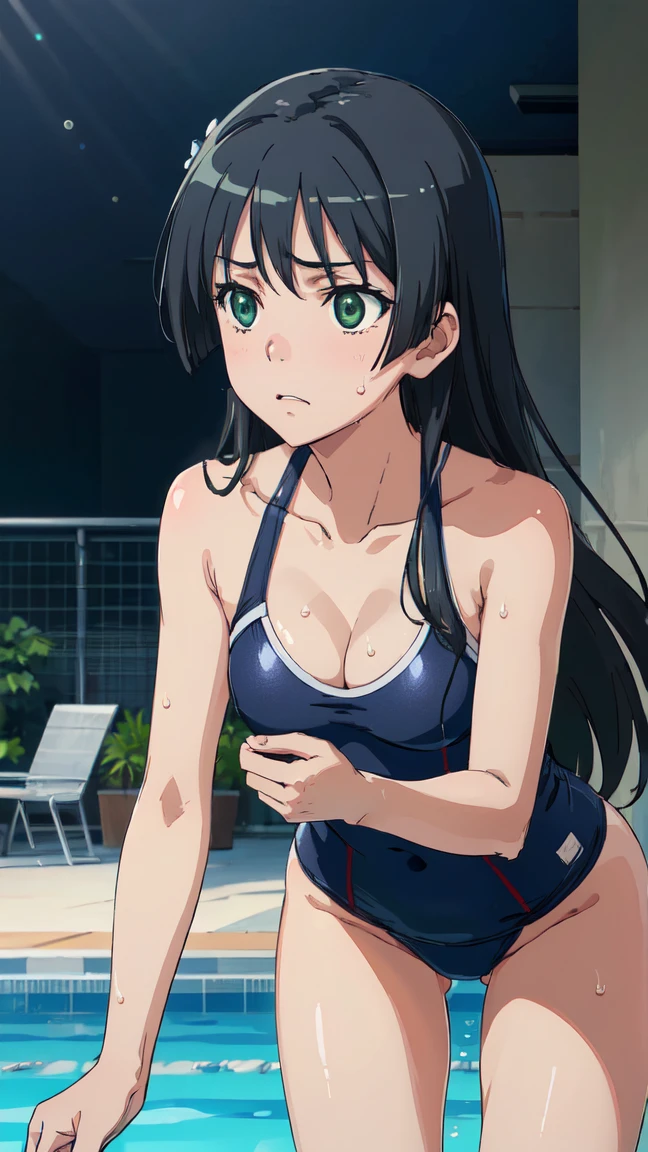  (High resolution:1.4), (masutepiece:1.2), (High quality:1.3) 1girl, saten ruiko, green eyes, long hair, black hair, small breast, swimsuit, cleavage, leaning forward, looking away, cowboy shot, poolside, sweat, oya, cinematic lighting,  