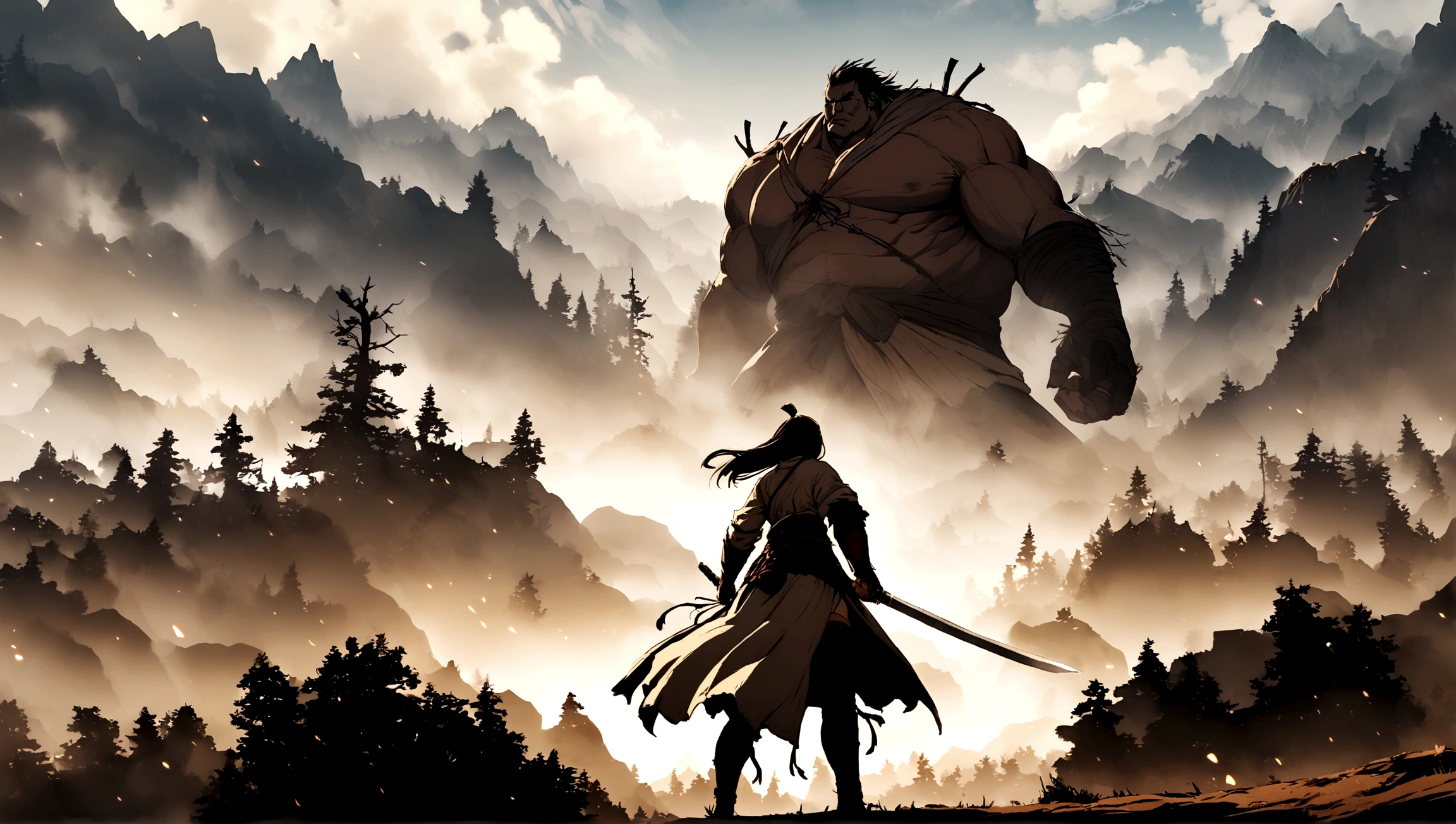 Girl fighting Sekiro game Boss. Girl has a sword. The boss is very very huge. Landscape