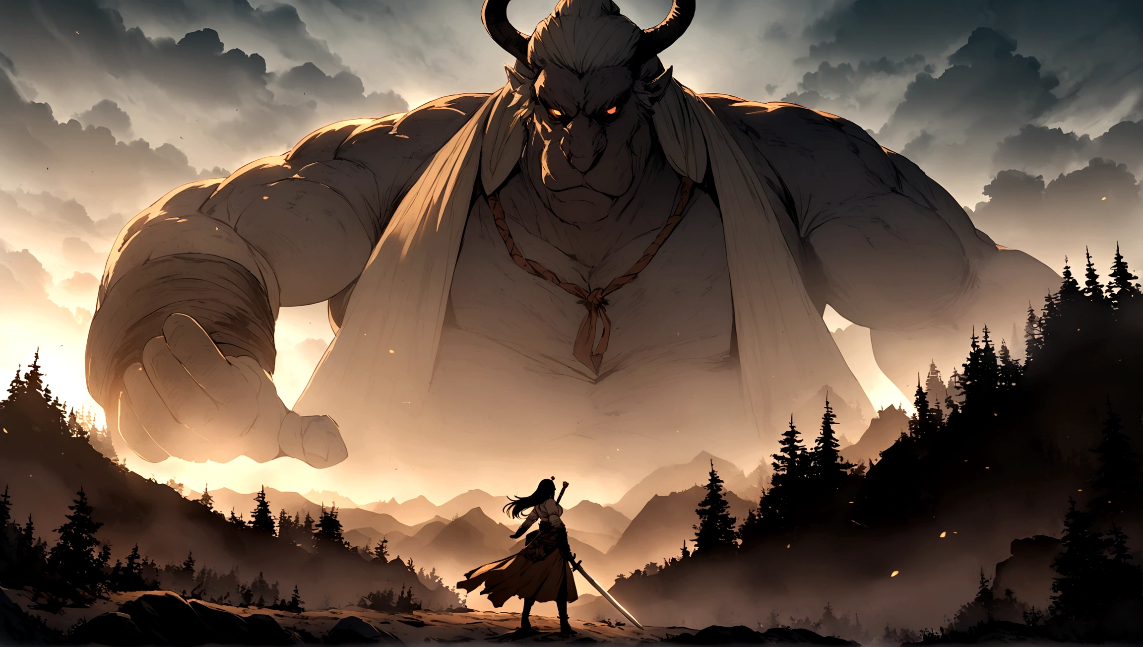 Girl fighting Sekiro game Boss. Girl has a sword. The boss is very very huge. Landscape