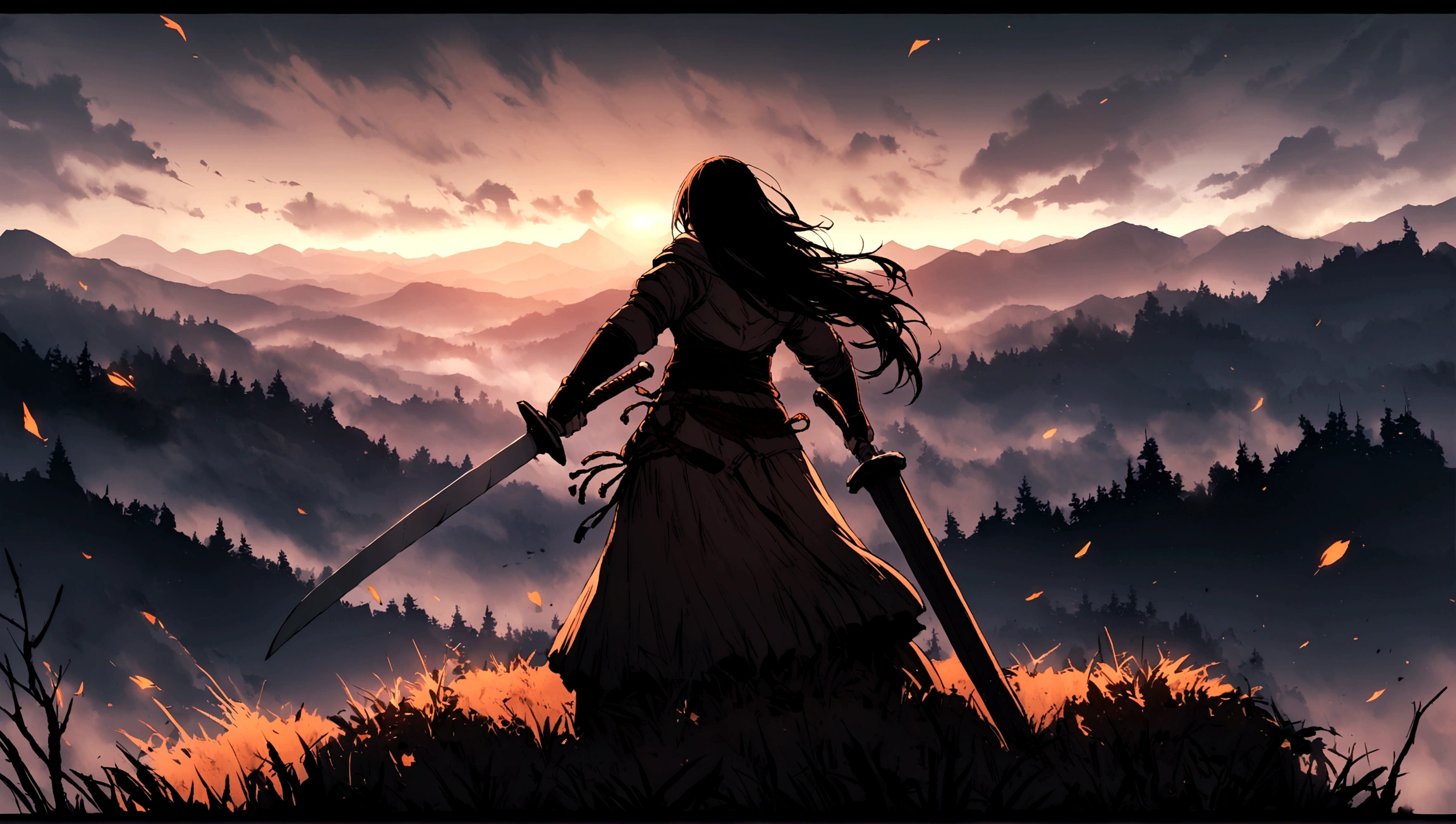 Girl fighting Sekiro game Boss. Girl has a sword. The boss is very very huge. Landscape