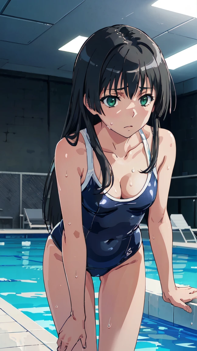  (High resolution:1.4), (masutepiece:1.2), (High quality:1.3) 1girl, saten ruiko, green eyes, long hair, black hair, small breast, swimsuit, cleavage, leaning forward, looking away, cowboy shot, poolside, sweat, oya, cinematic lighting,  