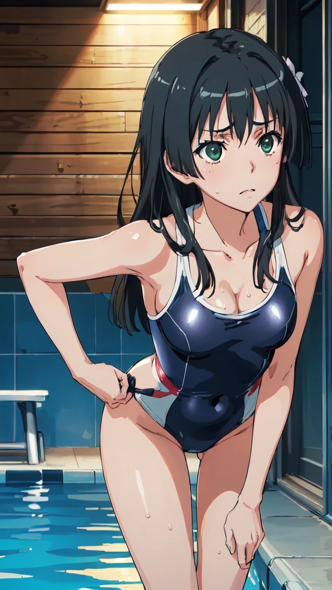  (High resolution:1.4), (masutepiece:1.2), (High quality:1.3) 1girl, saten ruiko, green eyes, long hair, black hair, small breast, swimsuit, cleavage, leaning forward, looking away, cowboy shot, poolside, sweat, oya, cinematic lighting,  