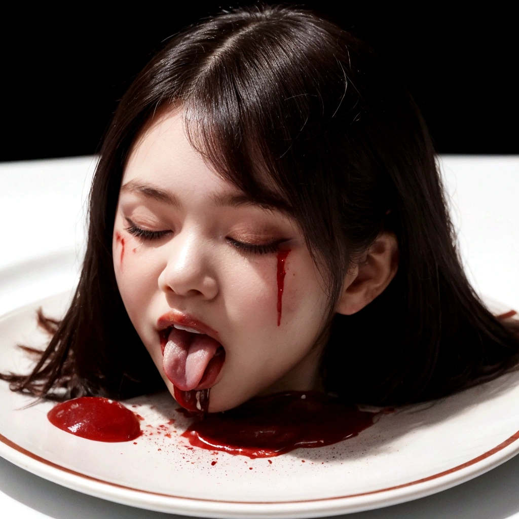 hyper realistic, decapitated female head on a plate, covered in flesh, full of blood on face, pale colour skins, white pale, ((eyes closed)), served like a food dish, bloody, photorealistic, 4K, Nikon, horror, ahegao face, tongue out, realistic blood, fresh blood on plate, indonesian face,