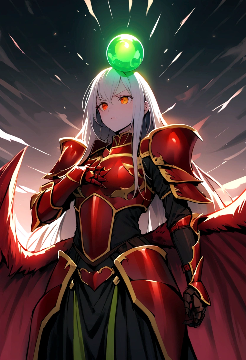 Create a woman she has long straight white hair, and is wearing red dragon armor with green orbs encrusted, his face is covered by the armor's helmet, She has red wings and a red tail sticking out of her armor., armor's eyes are green, his face cannot be seen as the armor covers, she has a defined body and a serious look