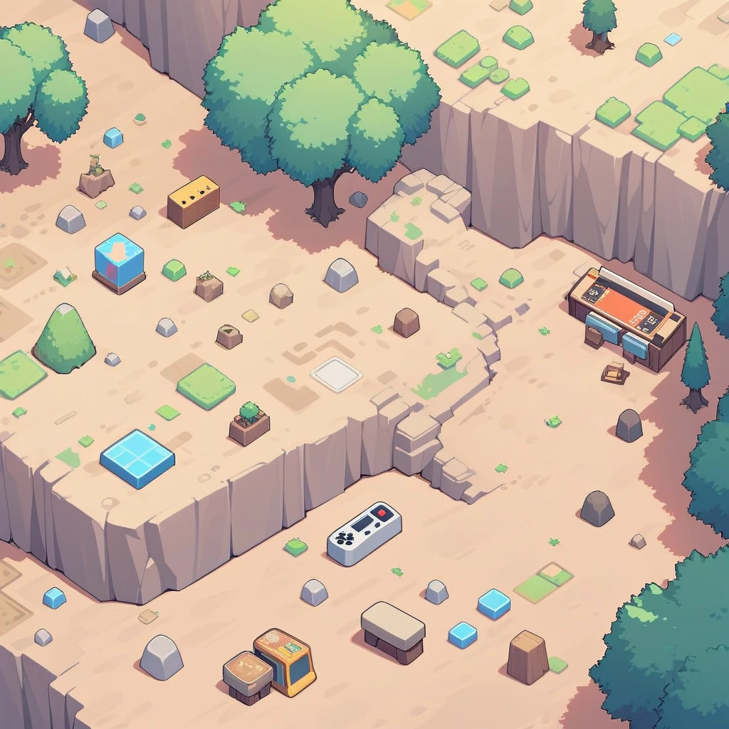 retro video game style,pixelated, vibrant pastel colors,8-bit characters,blocky shapes,sharp lines,detailed shading,classic gaming vibe,nostalgic atmosphere,classic arcade games,masterpiece:1.2,ultra-detailed,illustration style, 2d texture, stone texture, 4 k seamless mud texture, video game texture, dirt texture, tileset, game tiles, grass, trees, rock texture, detailed trees, topdown view, game texture, game art, tileable texture, very detailed cliff texture, intricate stones, top down view, 3/4th perspective