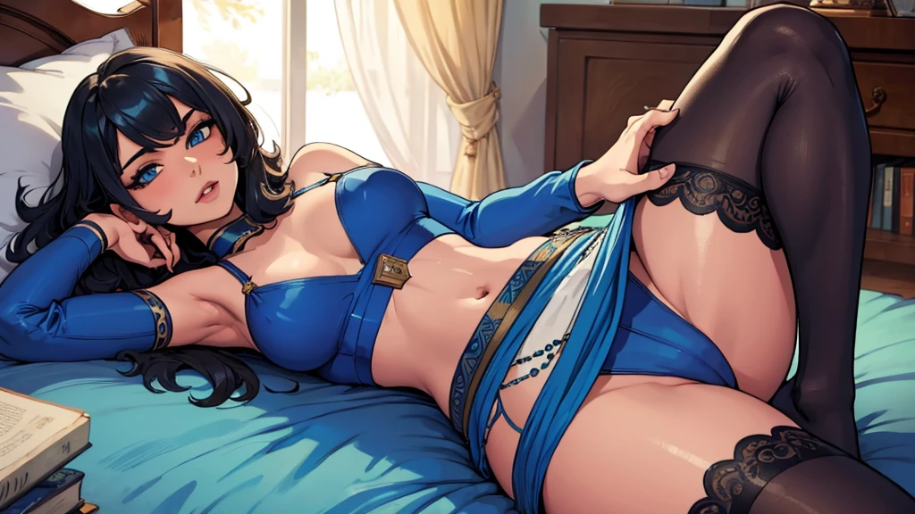 ((masterpiece,best quality)),bedroom,one indian girl,sexy, blue eyes,thighhighs,skirt,saree,showing navel
