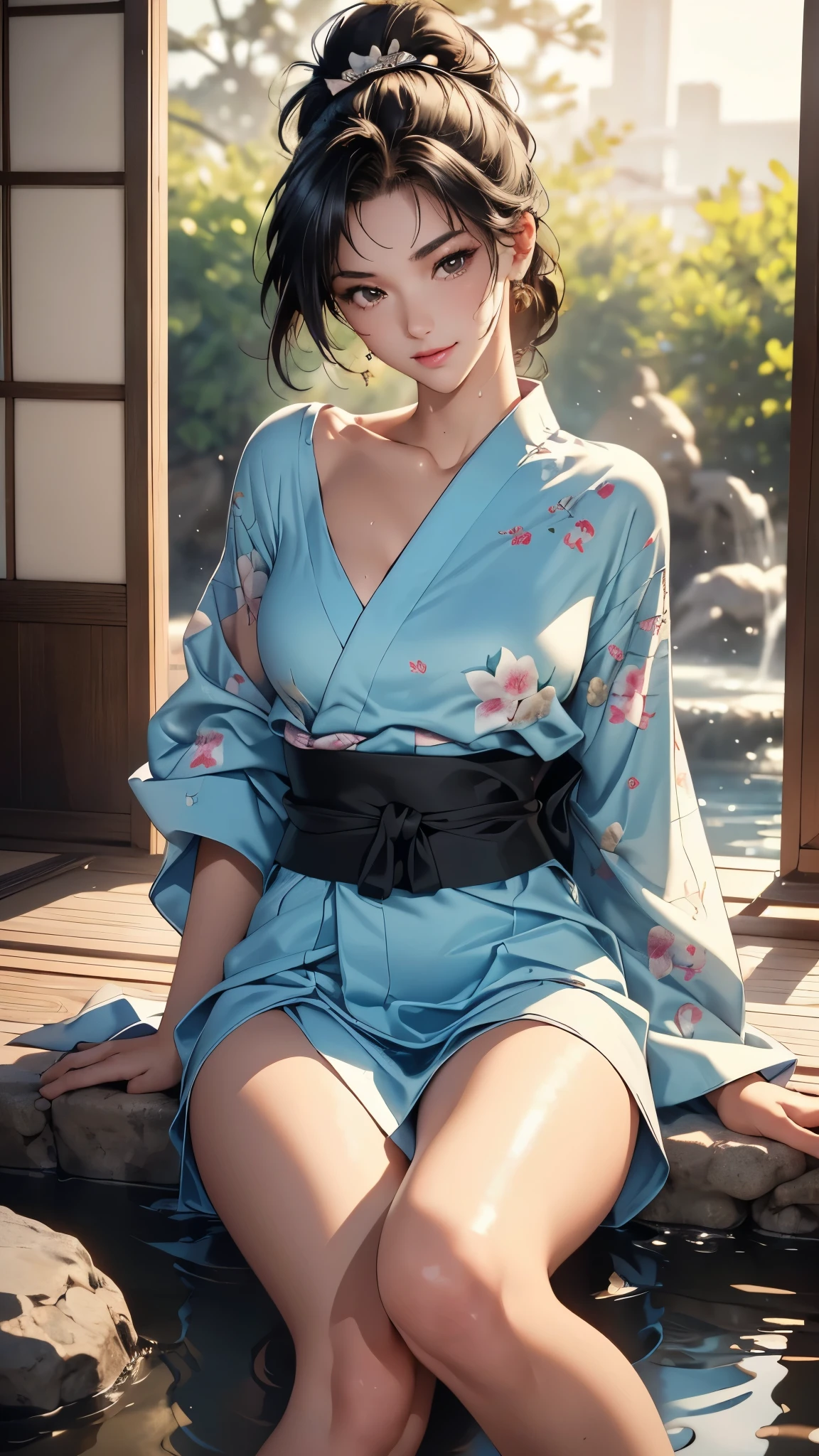 8k, highest quality, ultra high resolution, 1 female, 1980s pop culture anime style, 21 years old, (masterpiece, high resolution, detailed), Japanese, sweating, short cut, ponytail, big breasts (photorealistic) :1.4), (Famous Japanese actress:1.2), very beautiful, cute, professional photo, very delicate and beautiful, very detailed, very detailed beautiful girl, very detailed face, very detailed eyes, very detailed skin, very detailed fingers, very detailed nose, very detailed mouth, perfect anatomy, realistic body, fair skin, shiny skin, slender body, good figure, looking at viewer, smile, cute laugh Face (Black hair, (Ponytail, Beautiful girl, Perfect small face, D cup, Thin, Top quality, Ultra high resolution, Detailed background, Masterpiece, Anatomically correct, Detailed face, Beautiful face in every detail, Cute 20 Beautiful girl in her teens, black hair, highest quality, 4K quality, hot spring, sitting woman, woman in yukata, woman's ponytail, woman is 21 years old Steam, sweat,