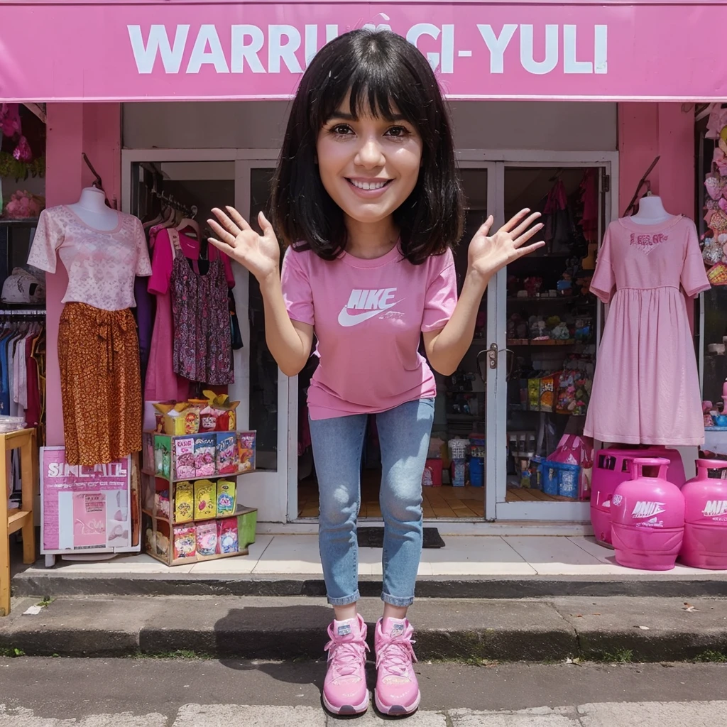 full bodyshoot realistic 3D caricature photo, a 30 year old woman, shoulder length black hair with bangs, smiling face, wearing a pink t-shirt with jeans, pink Nike basketball shoes, raising her hands in an unknowing pose, front background of a mini market with a sign that says "WARUNG CI YULI" in pink paint, with merchandise in the form of super hero costumes on display, batik clothes, dresses, and light snacks wrapped in plastic, and pink gas cylinders.