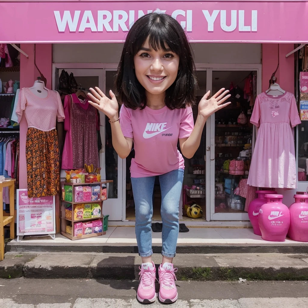 full bodyshoot realistic 3D caricature photo, a 30 year old woman, shoulder length black hair with bangs, smiling face, wearing a pink t-shirt with jeans, pink Nike basketball shoes, raising her hands in an unknowing pose, front background of a mini market with a sign that says "WARUNG CI YULI" in pink paint, with merchandise in the form of super hero costumes on display, batik clothes, dresses, and light snacks wrapped in plastic, and pink gas cylinders.