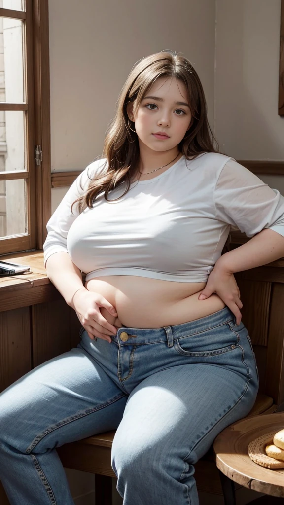 Femme très grosse, assise dans des coussins, Makima, bbwchan, cheveux rouges et yeux jaunes, double menton. Son gros bide sort de son pantalon, elle le carresse avec ses mains. Button pop. Ventre en boule sous le jean. Elle porte un short en jean trop petit et un haut en dentelle, belle lumière sur elle, magnifique femme obese
