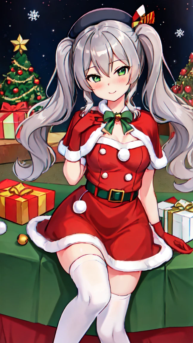 Highest quality, masterpiece, High resolution, 一人in, {Kashima_Fleet Collection:1.15}, Twin tails, gray_hair, Wavy_hair, green_eye, chest, blush, length_hair, smile, hin, big_chest, beret, One girl, Bell, Christmas, Looking_in_Audience, hair_ornament, Santa_Costumes, Capelet, Santa_hin, hair_Bell, gloves,Knee-high socks、長いgloves