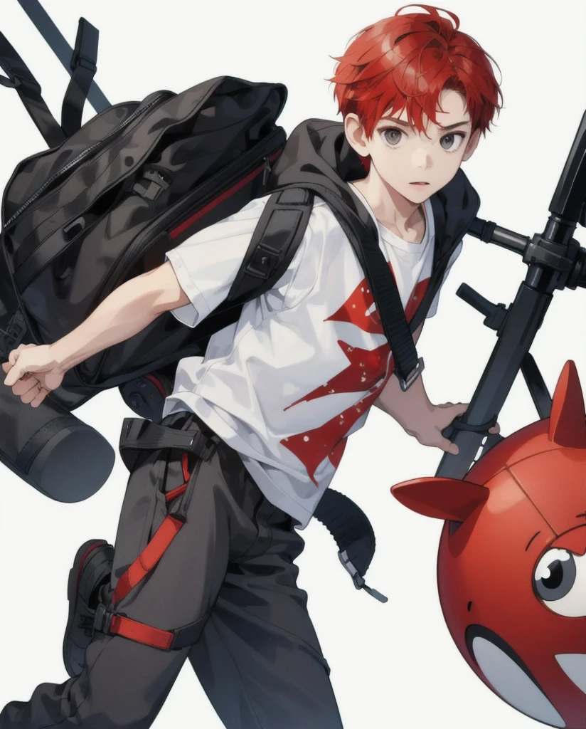 image of a 6 year old boy in illustration, in various expressions, adventurous, simple with white background.  Cute, short red hair, no backpack, and very charismatic.