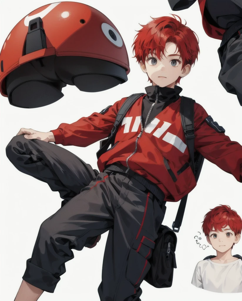 image of a 6 year old boy in illustration, in various expressions, adventurous, simple with white background.  Cute, short red hair, no backpack, and very charismatic.
