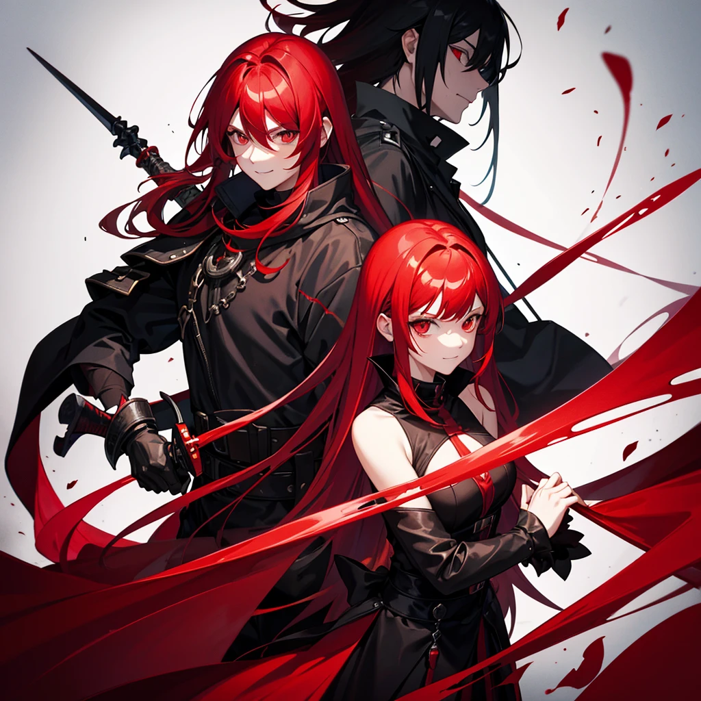 Red hair,Red Eye,juvenile,Black clothes,Bloody Sword,Creepy Smile,universe,Colorful background,red effect