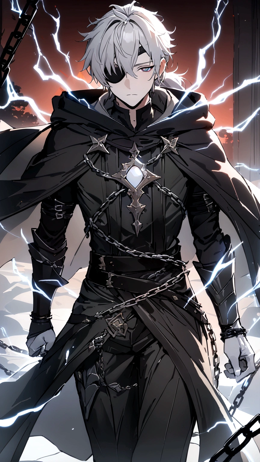 Anime character. A man, he was medieval. 27 years old, large body, cold gaze, cold expression, white skin, short and messy gray hair, ponytail, left eye patch, black clothes, black shirt, dark cape with hood, several chains. frontal camera. Walking under the red moonlight. White electricity emanating from his body, black electricity emanating from his left hand. Iris of the right eye glowing white. Thunderous white lightning. (best quality, 4k, 8k, high resolution, masterpiece: 1.2)