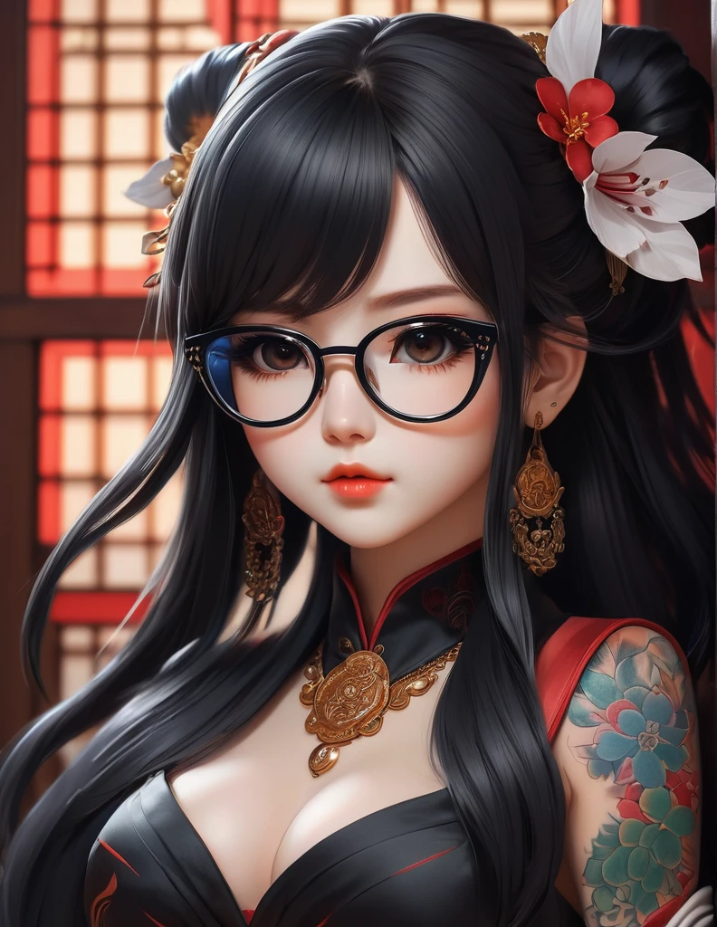 quality(8k wallpaper of extremely detailed CG unit, masterpiece, hight resolution, top-quality, top-quality real texture skin,hyper realisitic, digitial painting,increase the resolution,RAW photos,best qualtiy,highly detailed,the wallpaper),BREAK,8K, onmyoji-style art, black and white long hair , muscular girl, owel tattoos, black dress, full face, close up shot, big glasses in , Chibi