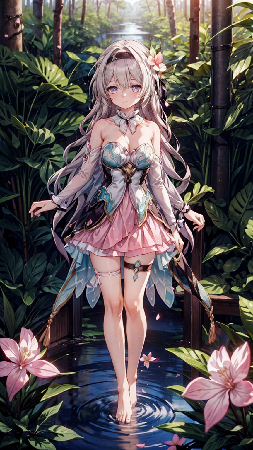 (Pink strapless dress :1.5), silver Long hair, black _ hair band, X-shaped _ eyebrows, hair band, POE _ Hair, bangs, bare shoulders, full body shot, black stockings, (Peach Blossom Forest:1.3),Creek,Bare feet,soaking feet,