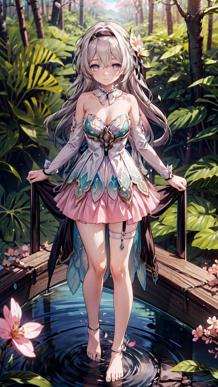 (Pink strapless dress :1.5), silver Long hair, black _ hair band, X-shaped _ eyebrows, hair band, POE _ Hair, bangs, bare shoulders, full body shot, black stockings, (Peach Blossom Forest:1.3)，Creek，Bare feet，soaking feet，