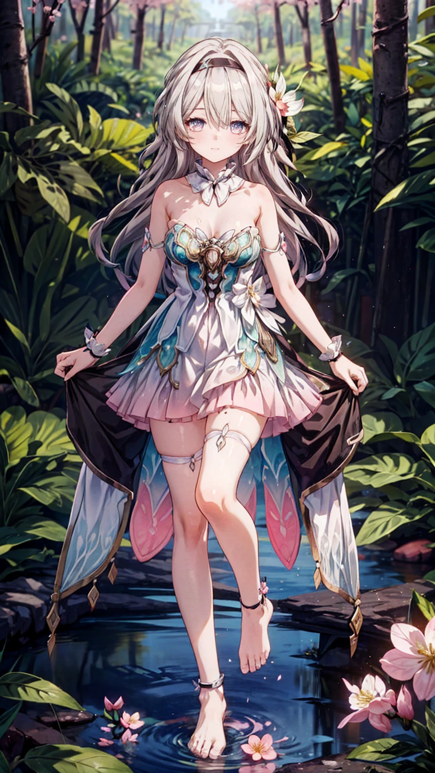 (Pink strapless dress :1.5), silver Long hair, black _ hair band, X-shaped _ eyebrows, hair band, POE _ Hair, bangs, bare shoulders, full body shot, black stockings, (Peach Blossom Forest:1.3)，Creek，Bare feet，soaking feet，