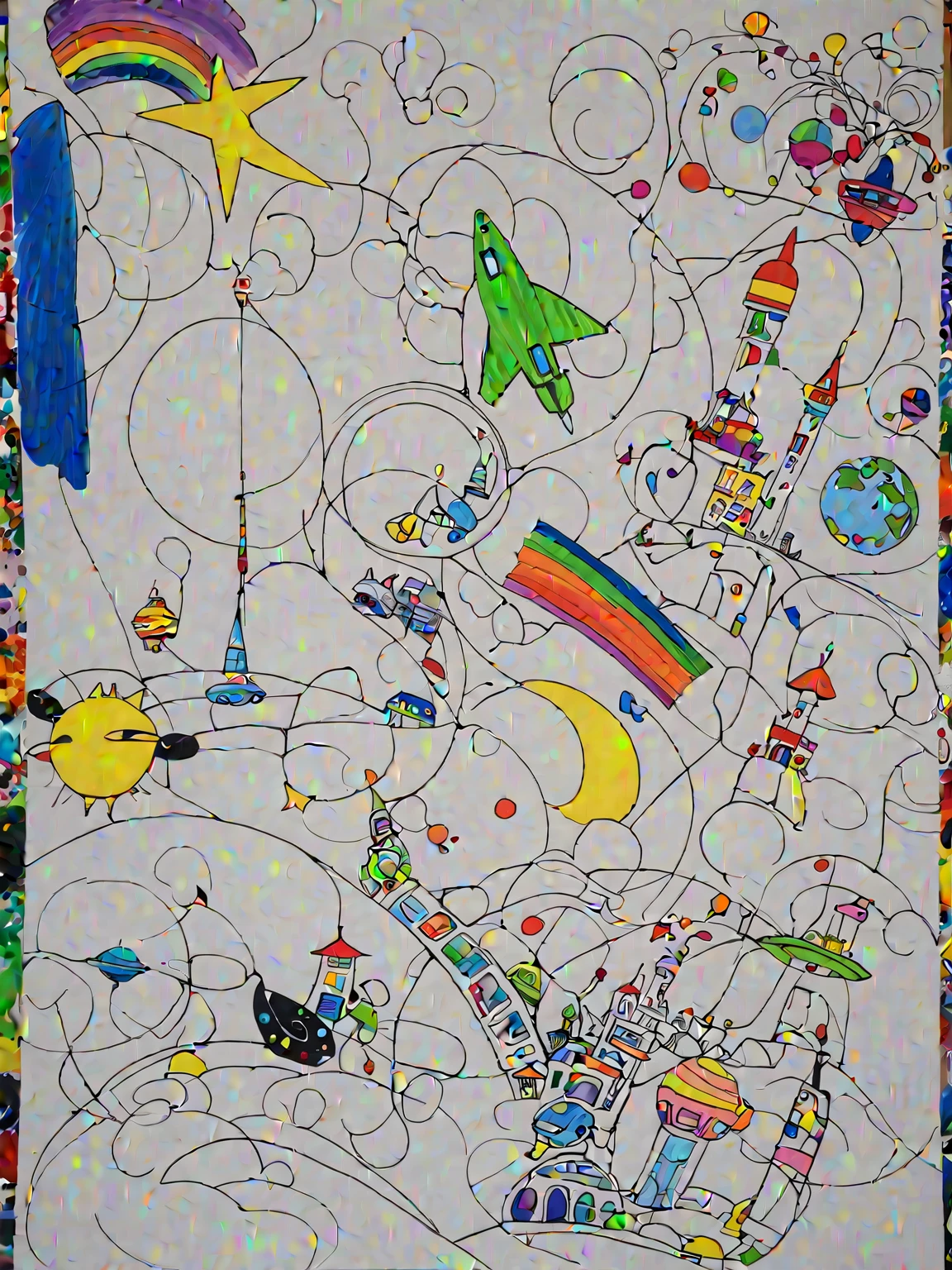 A painting,I drew a bunch of different things., Fill all with color,children's artwork, child, futuristic city, Children's drawings, Will magic, Beautiful little girl, Happy smiling face, Rich colors, Children's fantasies, child画, artwork