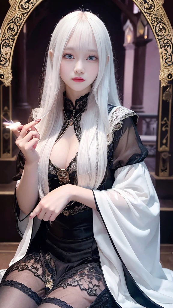 Mysterious woman doing tarot reading,Tarot Reading,cute face,Blunt bangs, Straight hair, Shiny hair,Medieval mystery clothes,Mysterious fortune teller,Mysterious hermit,White Magician,magical lights,albino,Red Eyes,Red glowing eyes,Magical powers,