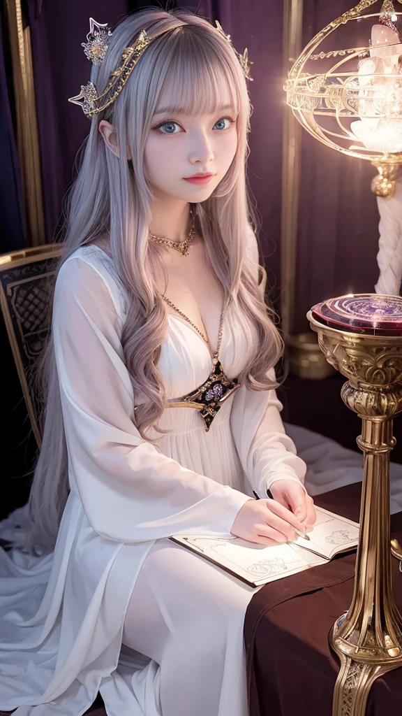 Mysterious woman doing tarot reading,Tarot Reading,cute face,Blunt bangs, Straight hair, Shiny hair,Medieval mystery clothes,Mysterious fortune teller,Mysterious hermit,White Magician,magical lights,albino,Red Eyes,Red glowing eyes,Magical powers,