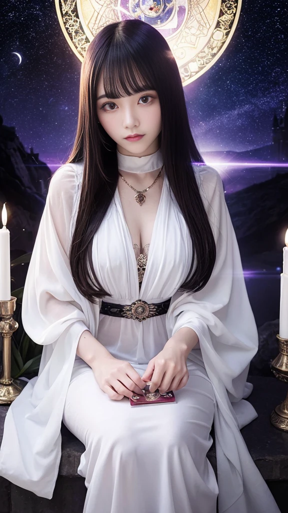 Mysterious woman doing tarot reading,Tarot Reading,cute face,Blunt bangs, Straight hair, Shiny hair,Medieval mystery clothes,Mysterious fortune teller,Mysterious hermit,White Magician,magical lights,albino,Red Eyes,Red glowing eyes,Magical powers,