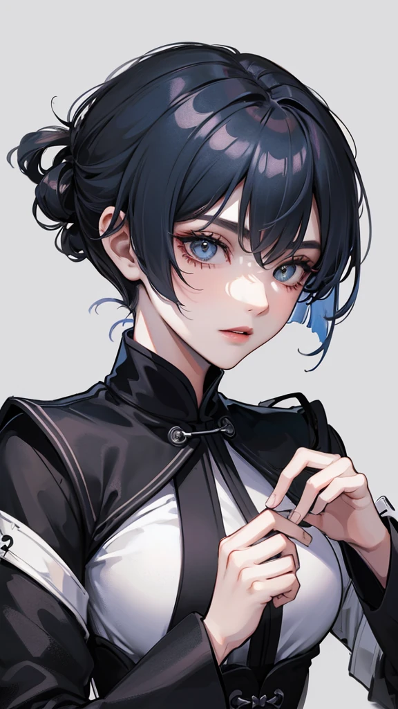 Masterpiece, Best quality, 1 Female, Mature Woman, Elder Sister, young girl, Royal Sister, Cold Face, strong, green eyes, wolfcut short hair, smoky mix navy blue color hair, resolute eyes, simple black and white Taoist Taoist uniform, long black eardrop, Chinese mix morden, frontal photo, blank background, remove background, wolfcut hairstyle, anime, illustration