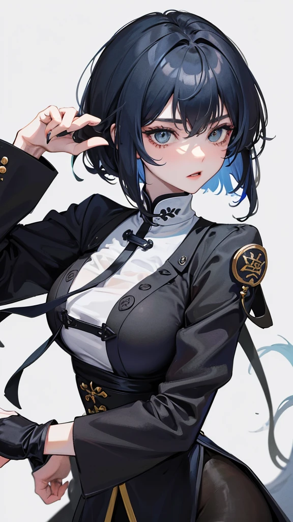 Masterpiece, Best quality, 1 Female, Mature Woman, Elder Sister, young girl, Royal Sister, Cold Face, strong, green eyes, wolfcut short hair, smoky mix navy blue color hair, resolute eyes, simple black and white Taoist Taoist uniform, long black eardrop, Chinese mix morden, frontal photo, blank background, remove background, wolfcut hairstyle, anime, illustration