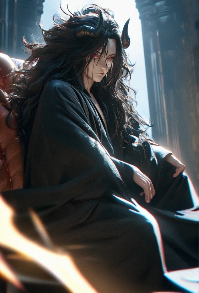 (solo), masculine, black hair, messy hair, mane hair, long hair, dense hair, wild hair, expressive hair, mature,(25 year old), pale skin, red eyes, ((man)), wearing a black robe, black demon horns,, serious, handsome, attractive, eye reflection, depth of field, thunder aura,cinematic lighting, ray tracing, depth of field, cinematic lighting, ray tracing, UHD, high details, best quality, highres, high quality, award winning, super detail, masterpiece, 8k, UHD, high details, best quality, highres, high quality, award winning, super detail, masterpiece, 8k, digital art, anime coloring, full body, body shot, good face, perfect face, detailed face, good eyes, sitting on a throne
