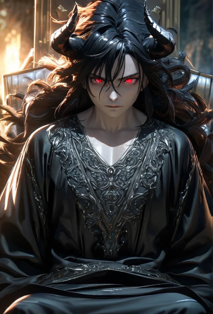 (solo), masculine, black hair, messy hair, mane hair, long hair, dense hair, wild hair, expressive hair, mature,(25 year old), pale skin, red eyes, ((man)), wearing a black robe, black demon horns,, serious, handsome, attractive, eye reflection, depth of field, thunder aura,cinematic lighting, ray tracing, depth of field, cinematic lighting, ray tracing, UHD, high details, best quality, highres, high quality, award winning, super detail, masterpiece, 8k, UHD, high details, best quality, highres, high quality, award winning, super detail, masterpiece, 8k, digital art, anime coloring, full body, body shot, good face, perfect face, detailed face, good eyes, sitting on a throne