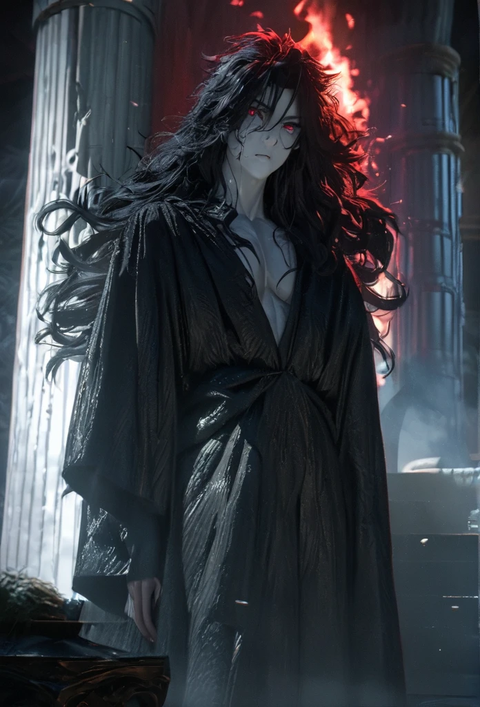 (solo), masculine, black hair, messy hair, mane hair, long hair, dense hair, wild hair, expressive hair, mature,(25 year old), pale skin, red eyes, ((man)), wearing a black robe, black demon horns,, serious, handsome, attractive, eye reflection, depth of field, thunder aura,cinematic lighting, ray tracing, depth of field, cinematic lighting, ray tracing, UHD, high details, best quality, highres, high quality, award winning, super detail, masterpiece, 8k, UHD, high details, best quality, highres, high quality, award winning, super detail, masterpiece, 8k, digital art, anime coloring, full body, body shot, good face, perfect face, detailed face, good eyes, sitting on a throne