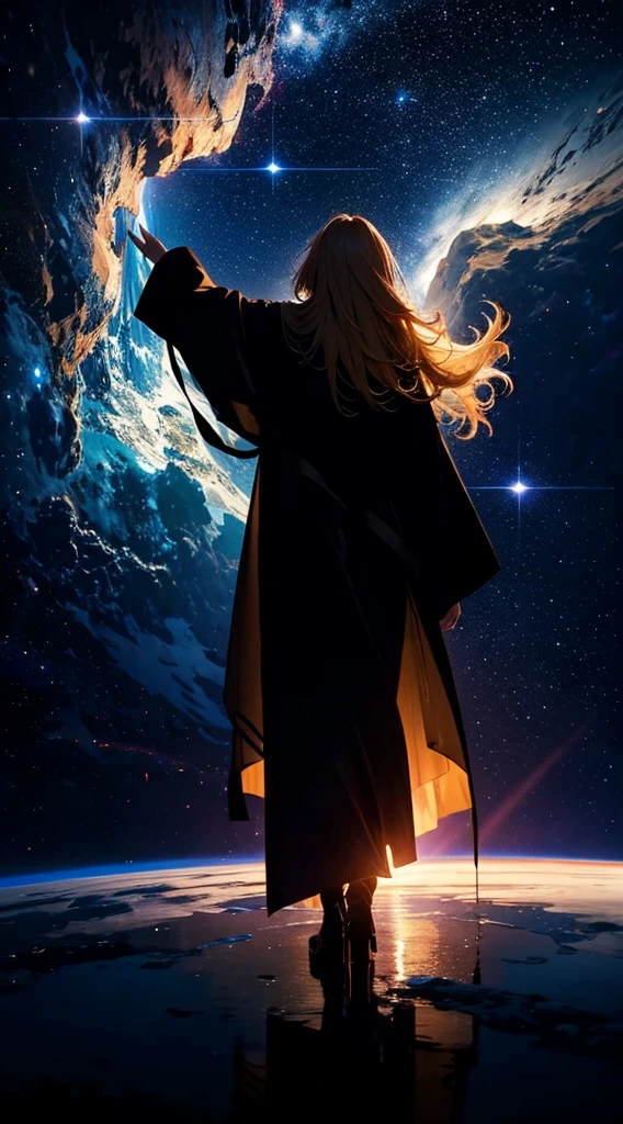 1people々々々,Blonde long-haired woman,Long coat, Dress Silhouette, Rear View,Raise your hand to grab something,Space Sky, The boundary between sea and space,