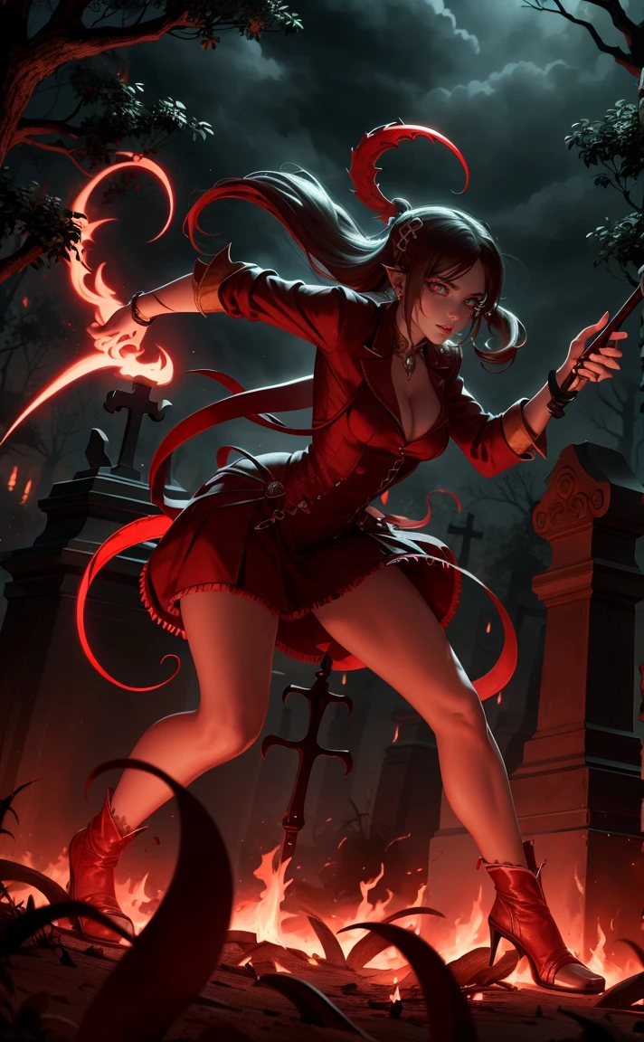 Sexy vampire girl in cemetery lit by flames, she is holding a spear, fully body, movement pose