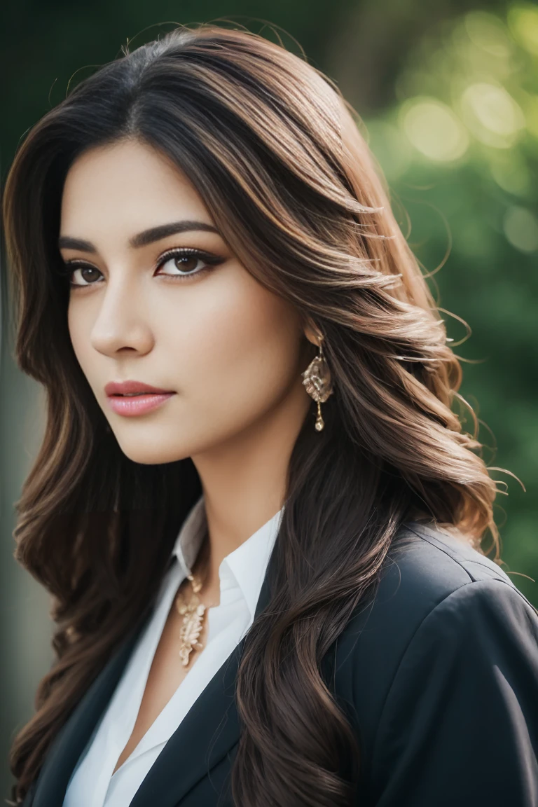 Portrait of A confident-looking indian woman with long flowing hair, hazel eyes, Woman in business attire, hispanic with blonde hair, trending on artstation, portrait, digital art, modern, sleek, highly detailed, determined, lawyer, colorized, smooth, charming, pretty, perfect composition, hyperrealistic, super detailed, 8k, high quality, trending art, trending on artstation, sharp focus, garden photo, intricate details, highly detailed, very thin beautiful woman with brown hair and elegant hairstyle, clear facial features, detailed image, realistic, real, realistic facial features, realistic photography,woman facing the viewer